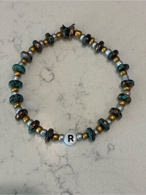 Personalized 'R' Beaded Stretch Bracelet in Turquoise, Gold & Silver